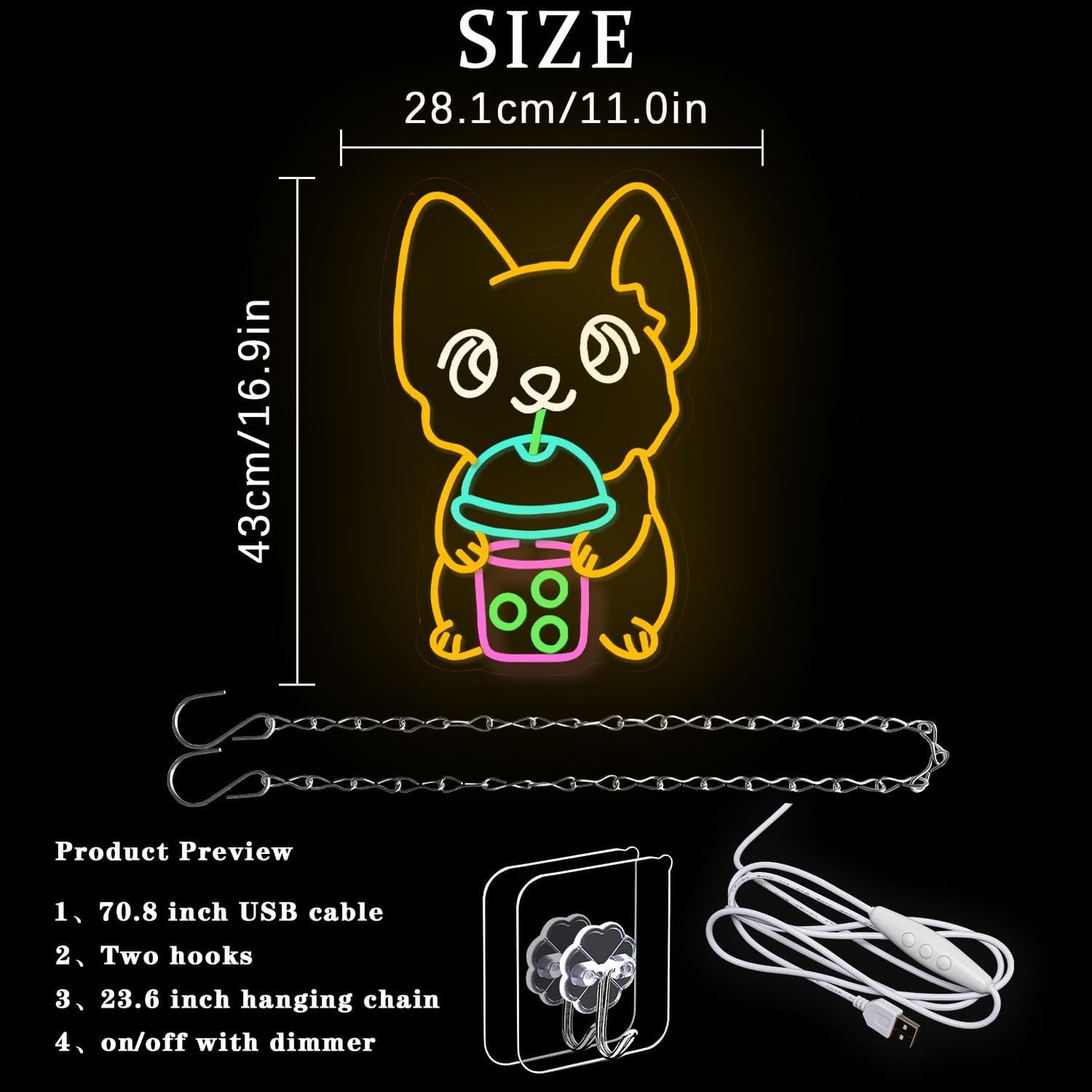 Corgi Neon Sign Bubble Tea Neon Light for Wall Decor Colorful Neon Sign Dog Neon Signs for Bedroom Dessert Coffe Shop Store Business Wall Decoration