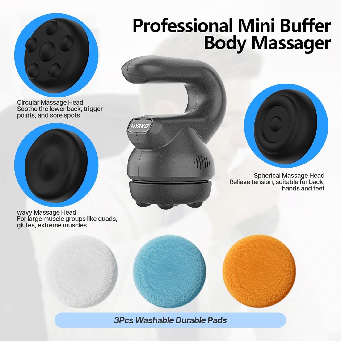 HYAKO Handheld Professional Mini Orbital Buffer Relief Massager, Adjustable Multi-Speed Vibration Deep Tissue Body Chiropractic Massager for Neck, Shoulder, Leg,Back muscle pain relief massage therapy
