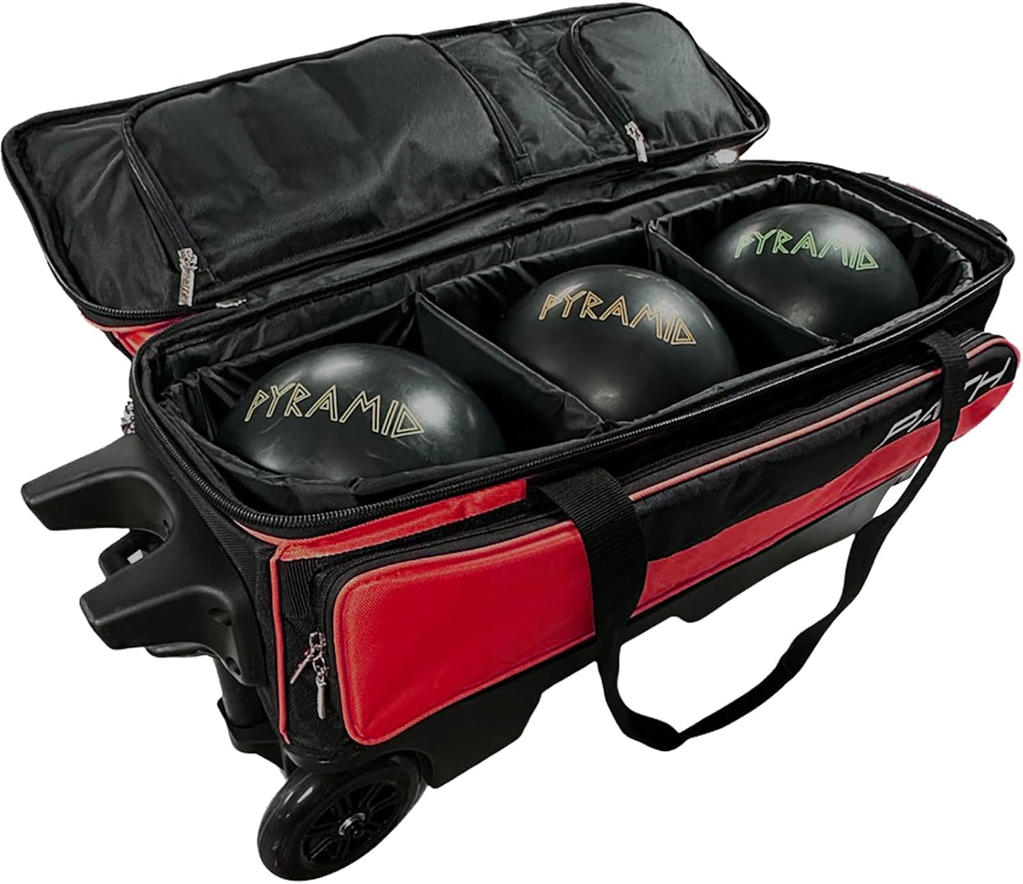 Pyramid Path Triple Premium Deluxe Roller Bowling Bag With Extra Large Separate Shoe Compartment (Up To US Mens Size 16) and 5 Accessory Pockets, 5" Wheels, Retractable Locking Handle - Extends to 42"