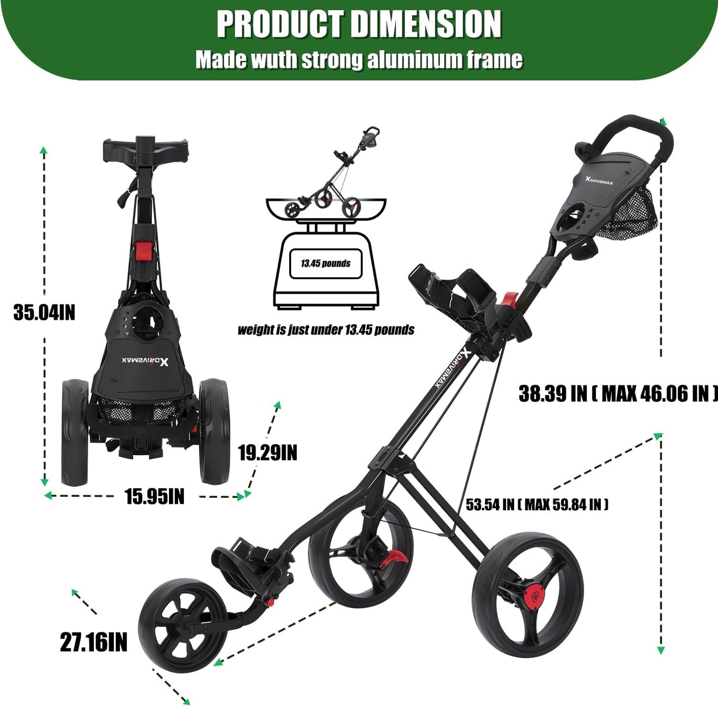 GC27 3 Wheel Golf Trolley, Golf Trolleys Folding Lightweight Golf Bag Pull Cart,Golf Cart for Golf Clubs and Golf Bag with Cup Holder Scorecard Holder/Storage Compartment