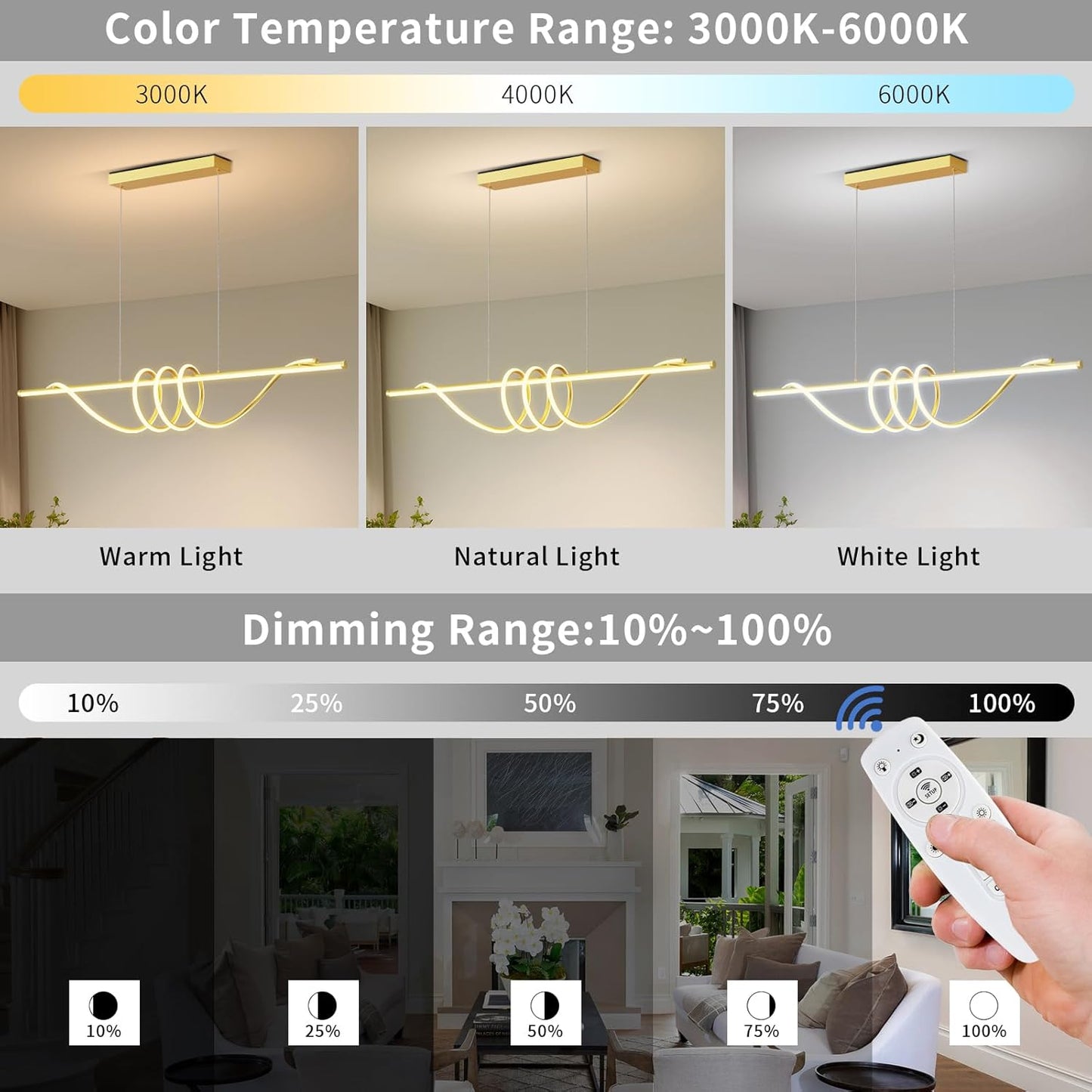 Modern LED Pendant Lights Kitchen Island, 57in Gold Chandelier Dimmable with Remote Control 3000k-6000K Adjustable, Aluminum Island Lighting Lamp Fixture for Kitchen, Dining Room
