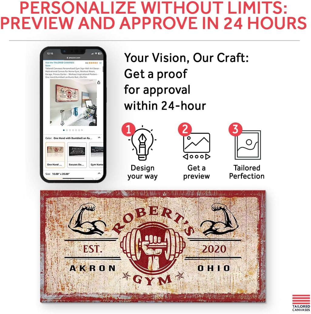 Tailored Canvases Personalized Gym Sign Wall Art Decor - Motivational Canvas for Home Gym, Workout Room, Garage, Fitness Center - Workout Inspirational Posters - One Hand Dumbbell on Rustic Red, 20x10in