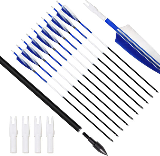 31Inch Carbon Arrows, Targeting Practice Hunting Arrow, Turkey Feather Fletching Arrow, with Removable Tips and nocks for Recurve & Compound Bow