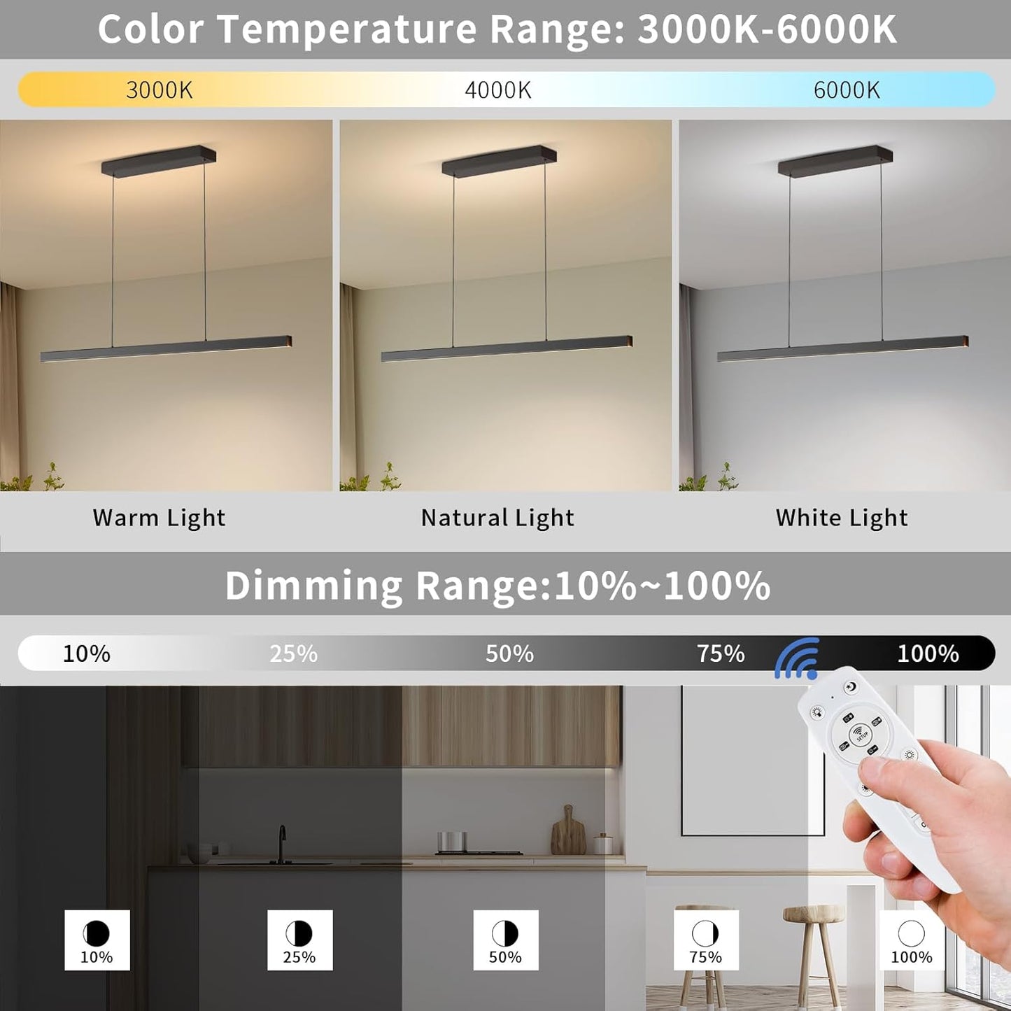 Modern Ceiling Pendant Lights,71in LED Black Linear Chandelier with Remote Control 3000k-6000K Adjustable Color Temperature,Island Lighting Hanging Light for Kitchen,Dining Room,Living Room