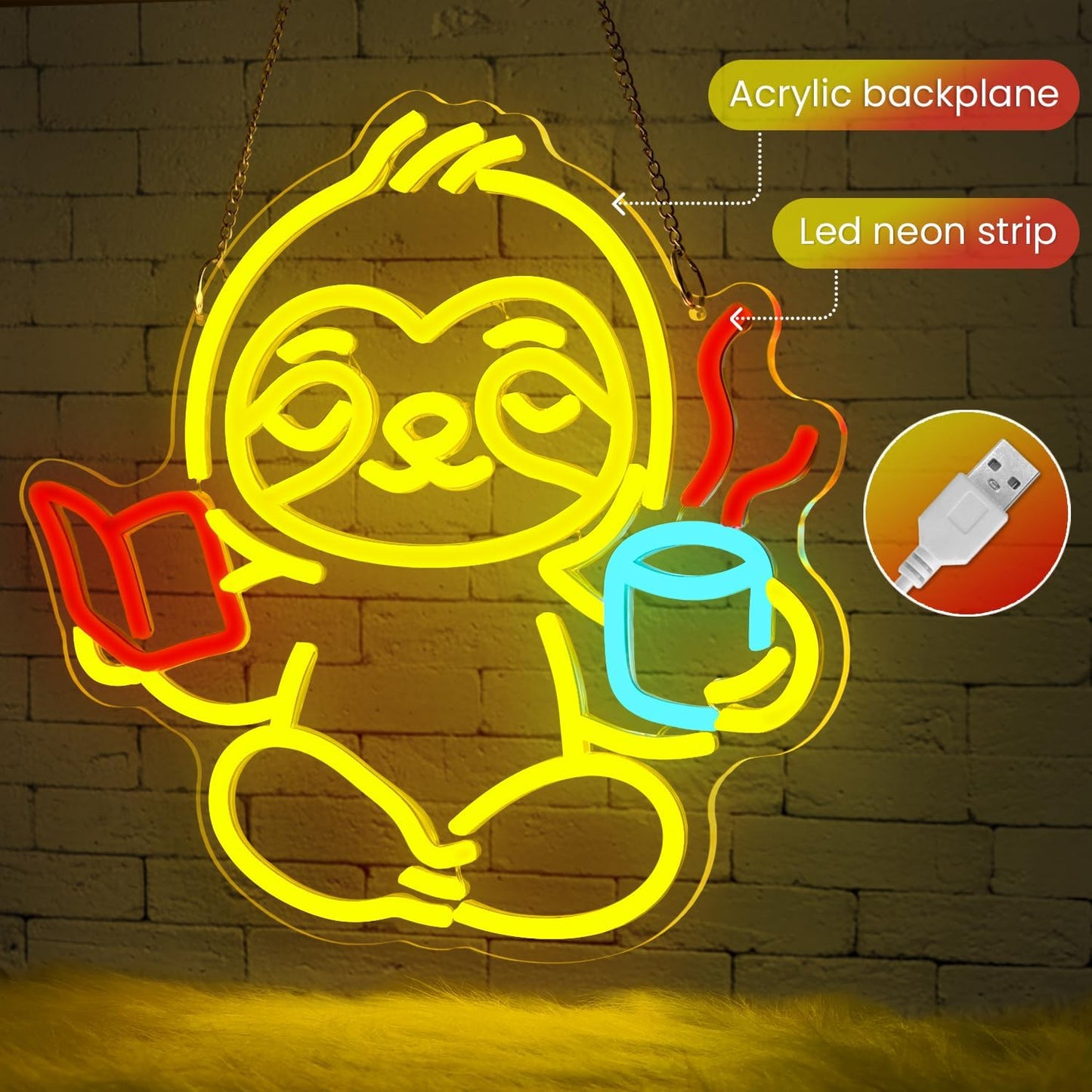 Sloth Neon Sign,Classroom Neon SIign,Neon Sign for Classroom,LED Light Up Reading Coffee Sign for Bedroom,Living Room,Home Office,Kids Room,Cute Animal Neon Wall Art for Book Lovers