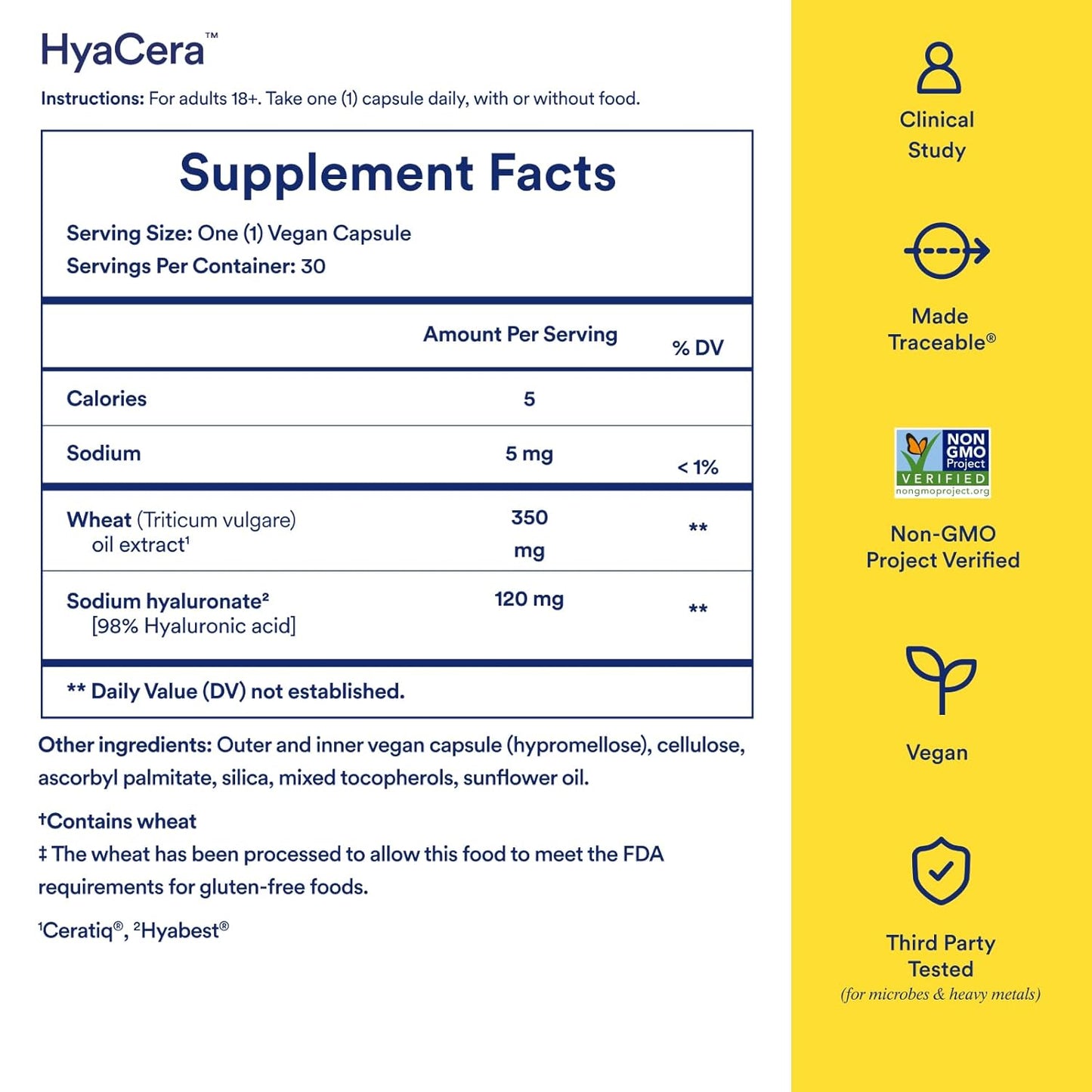 Ritual HyaCera Skin Supplement for Wrinkle Support, with Hyabest® and Ceratiq® for Skin Hydration Support, Hyaluronic Acid, Glycolipids, Ceramides, Gluten Free, Non GMO, Vanilla Essence, 30 Day Supply