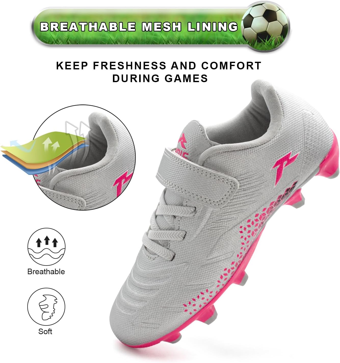 RUNIC Kids Soccer Cleats for Boys and Girls - Small and Big Kid Athletic Outdoor Football Shoes - Firm Ground - Hook and Loop Closure - Black/Gold