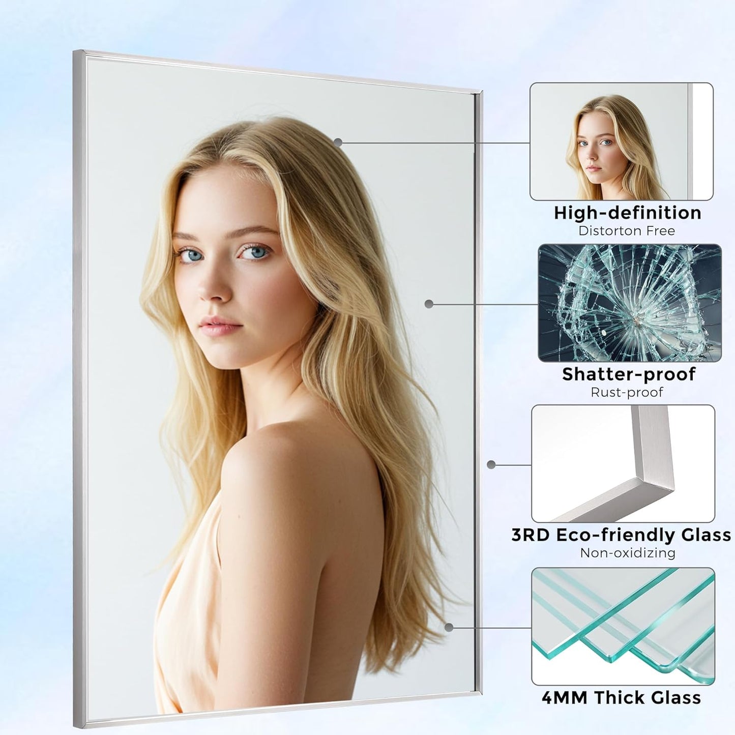 24x32 Inch Nickel Bathroom Mirror for Wall, Aluminum Frame Rectangle Rectangular Vanity Mirror, Modern Large for Bedroom, Living Room, Horizontal or Vertical