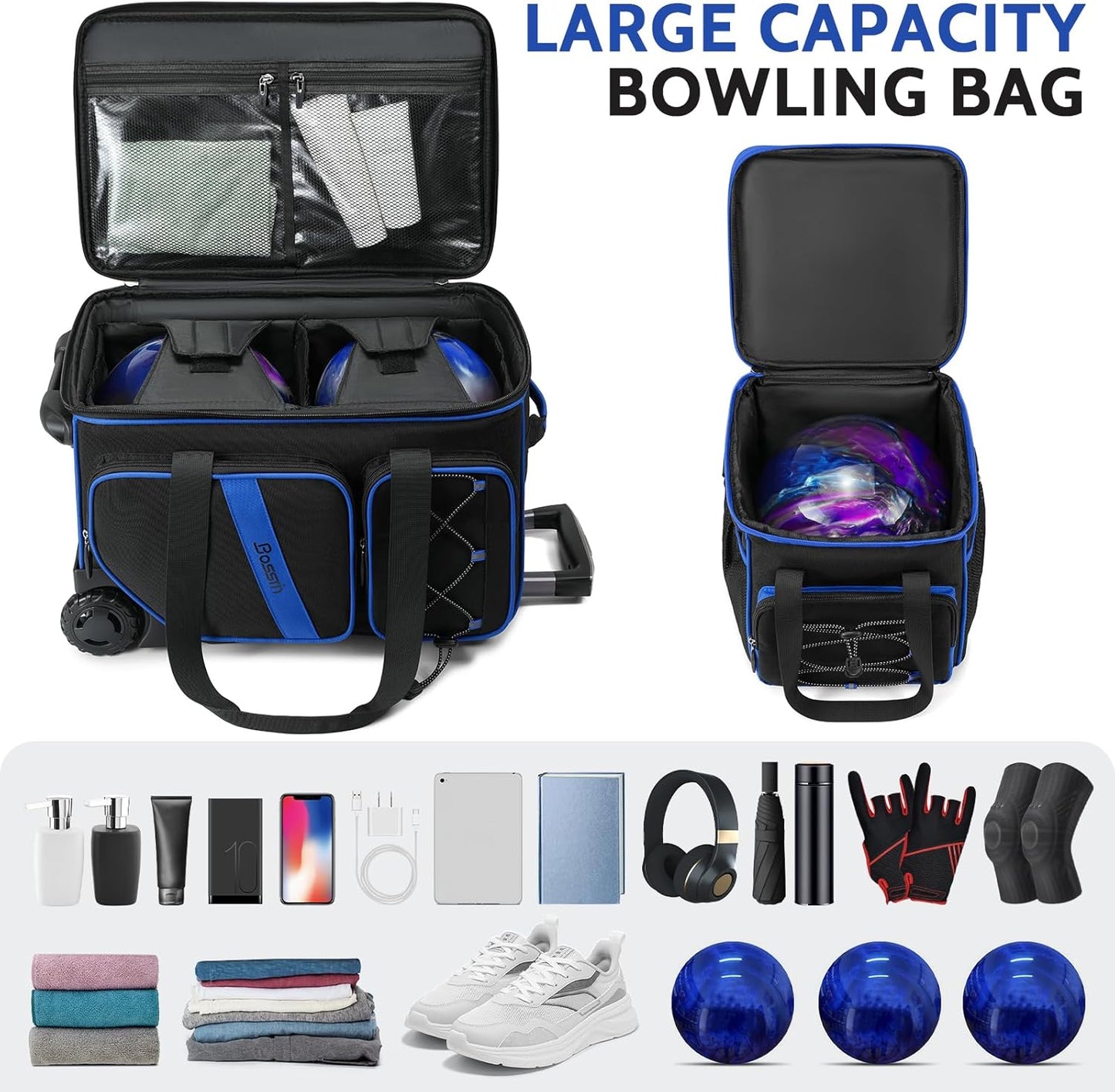 3 Ball Bowling Bag with Wheels, 2 Ball Bowling Bags Double roller with 1 Ball Add On Bag, Multi-Pockets & Shoe Compartment (Fits Up to Size 15)