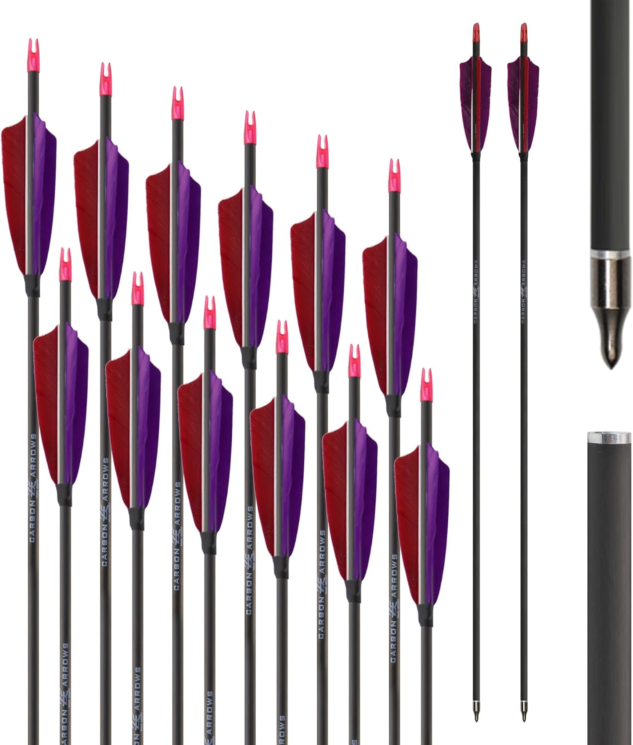 600 Spine Pure Carbon Arrows with Real Turkey Feathers Removable 100 Grain Tips Plastic Nocks for Archery Target Hunting