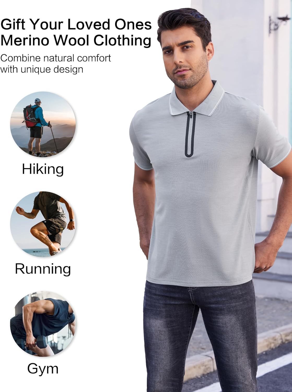Merino Wool Polo Shirts for Men for Work Sport, Lightweight Breathable Moisture Wicking Mens Polo Shirt Short Sleeve