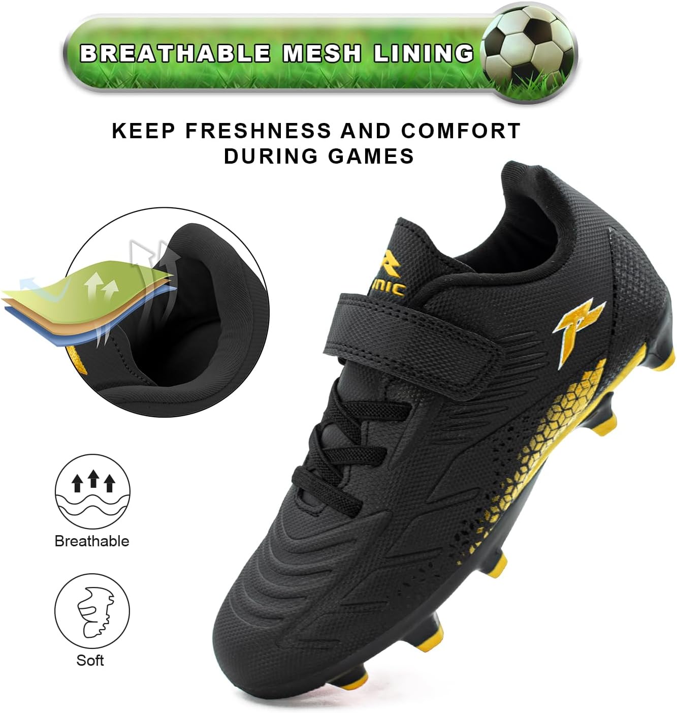 RUNIC Kids Soccer Cleats for Boys and Girls - Small and Big Kid Athletic Outdoor Football Shoes - Firm Ground - Hook and Loop Closure - Black/Gold