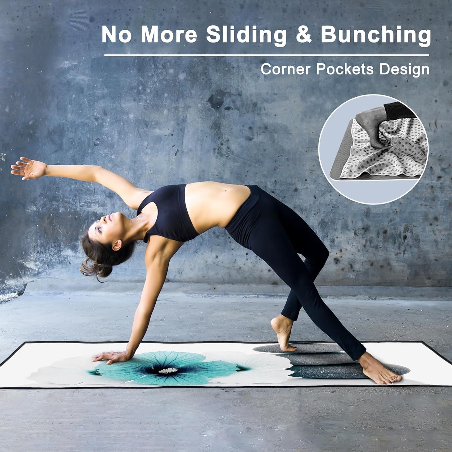 QiyI Yoga Towel with Travel Bag, Microfiber Mat-Sized Hot Yoga Towels, Non Slip Blanket with Corner Pockets, Quick Dry Mat Towel for Bikram, Pilates, Fitness - 70"x26", Pebbles & Blue White Flowers