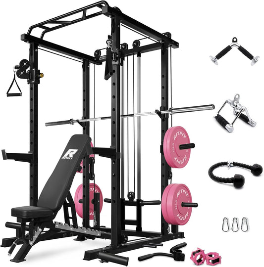 RitFit Multi-Function Squat Rack Power Cage PPC03 with Cable Crossover System, 1000LBS Capacity Power Rack and Packages with Optional Weight Bench, Barbell Weight Set, for Garage Workout & Home Gym