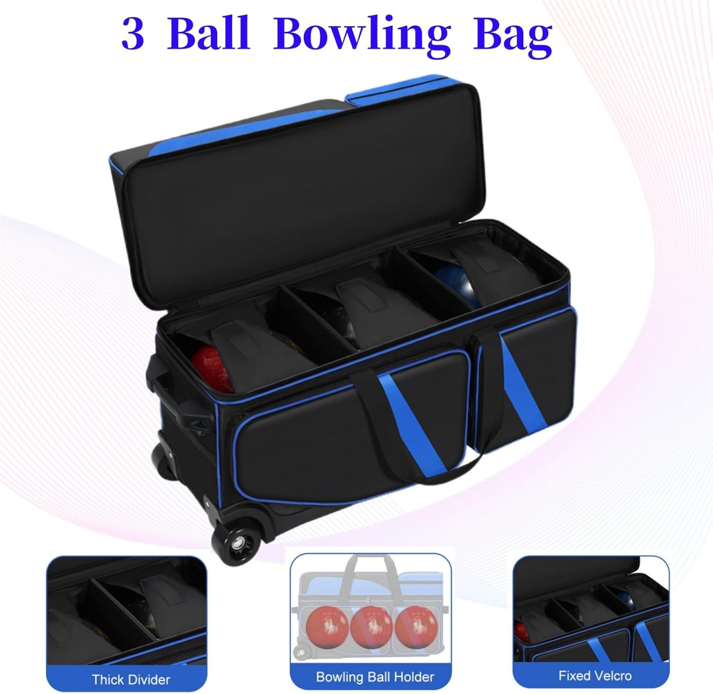 3 Ball Bowling Bags With Wheels,Bowling Bags 3 Ball Roller With Shoes Compartment And Multiple Pockets,3 Ball Bowling Bag has Retractable Handle Extends to 41.5 in