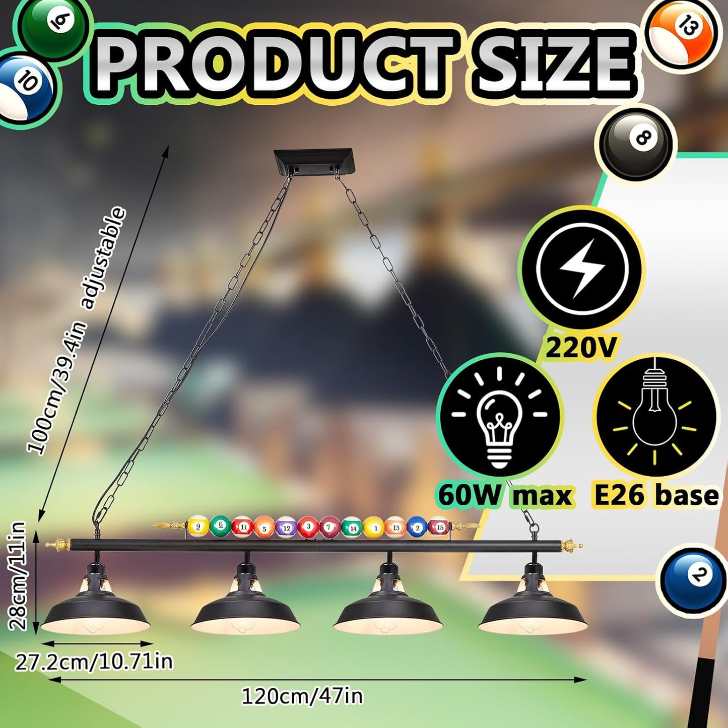 Adjustable Pool Table Lights for 7'-8' Billiard Light Hanging Pool Table Light Fixture Lighting Pendant Lamp with Metal Shades for Game Rooms (Bulb Not Included)(4 Lights)