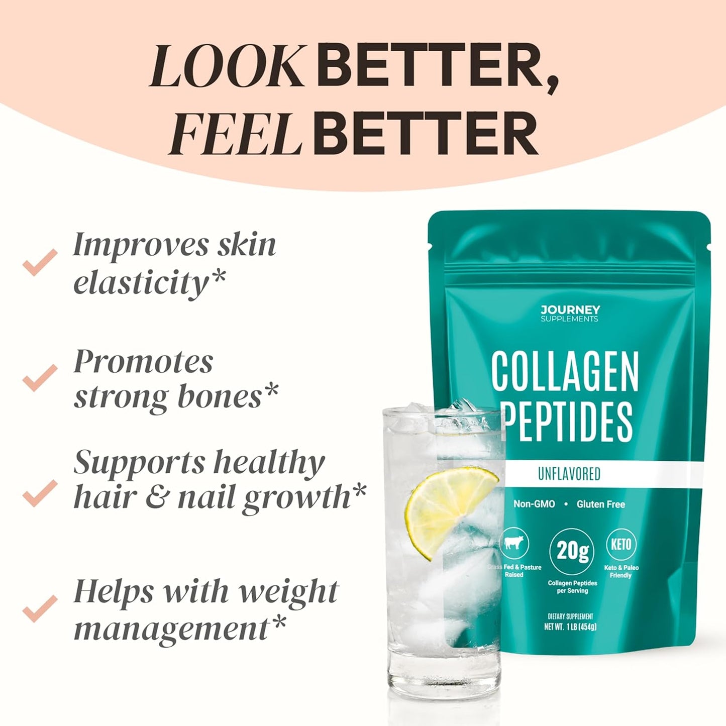 Collagen Peptides Powder, Unflavored, 1 lb – Supports Hair, Skin, Nail, Bone & Joint Health – Hydrolyzed, Grass-Fed, Gluten-Free, Keto-Friendly, Zero Sugar Protein Supplement.