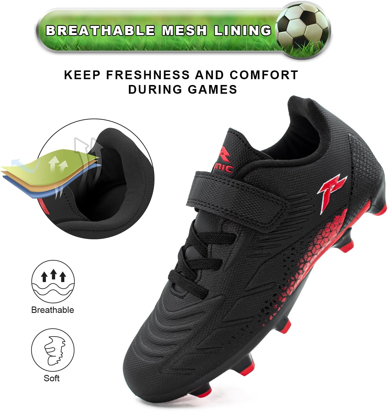 RUNIC Kids Soccer Cleats for Boys and Girls - Small and Big Kid Athletic Outdoor Football Shoes - Firm Ground - Hook and Loop Closure - Black/Gold