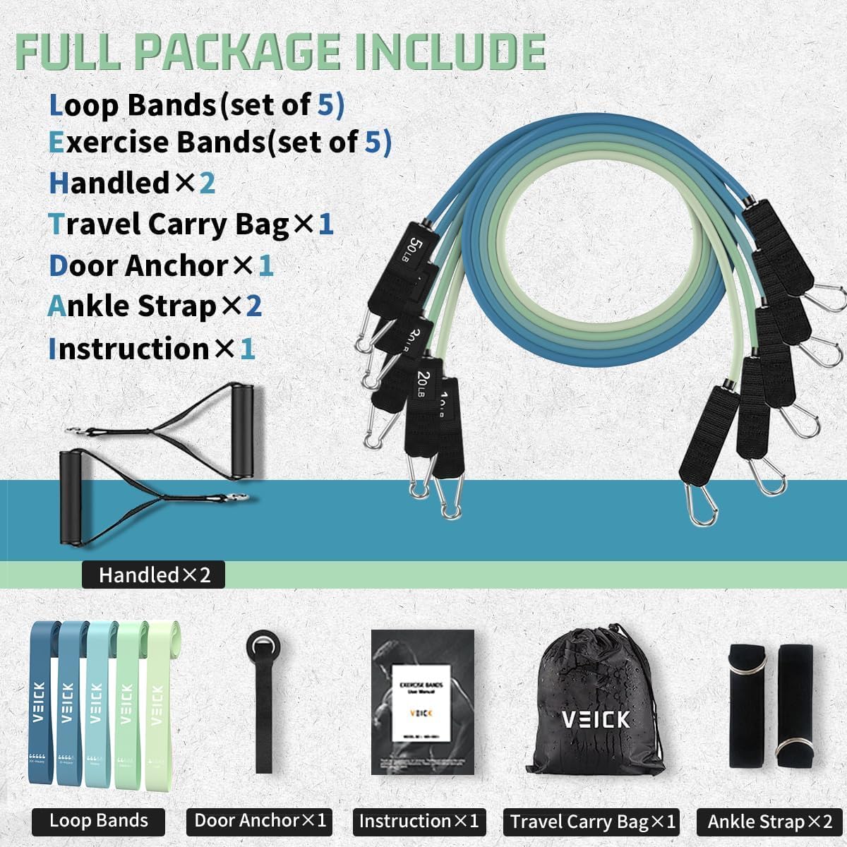VEICK Resistance Bands, Exercise Bands, Workout Bands, Resistance Bands for Working Out with Handles for Men and Women, Exercising Bands for Fitness Weights Work Out at Home
