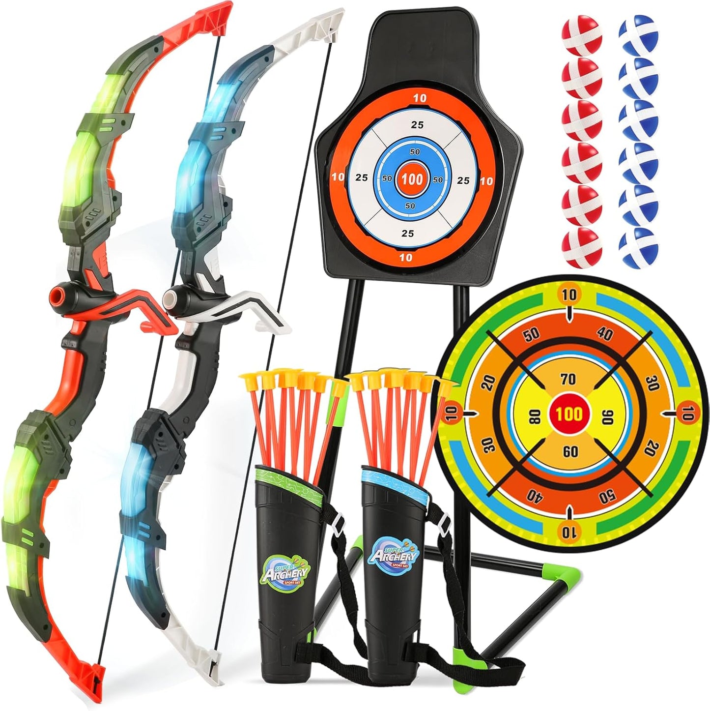 2 Pack Bow and Arrow Set with 29in Large Dart Board, LED Light Up Archery Set for Kids with 20 Suction Cup Arrows&12 Sticky Balls Standing Target Indoor Outdoor Toys Must Have for Boys Girls 3-12 yo