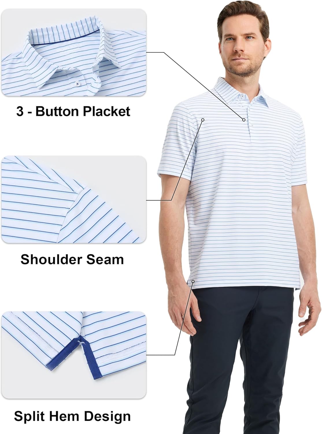 Rouen Mens Polo Shirts Short Sleeve Dry Fit Performance Moisture Wicking Causal Striped Polo Collared Golf Shirts for Men
