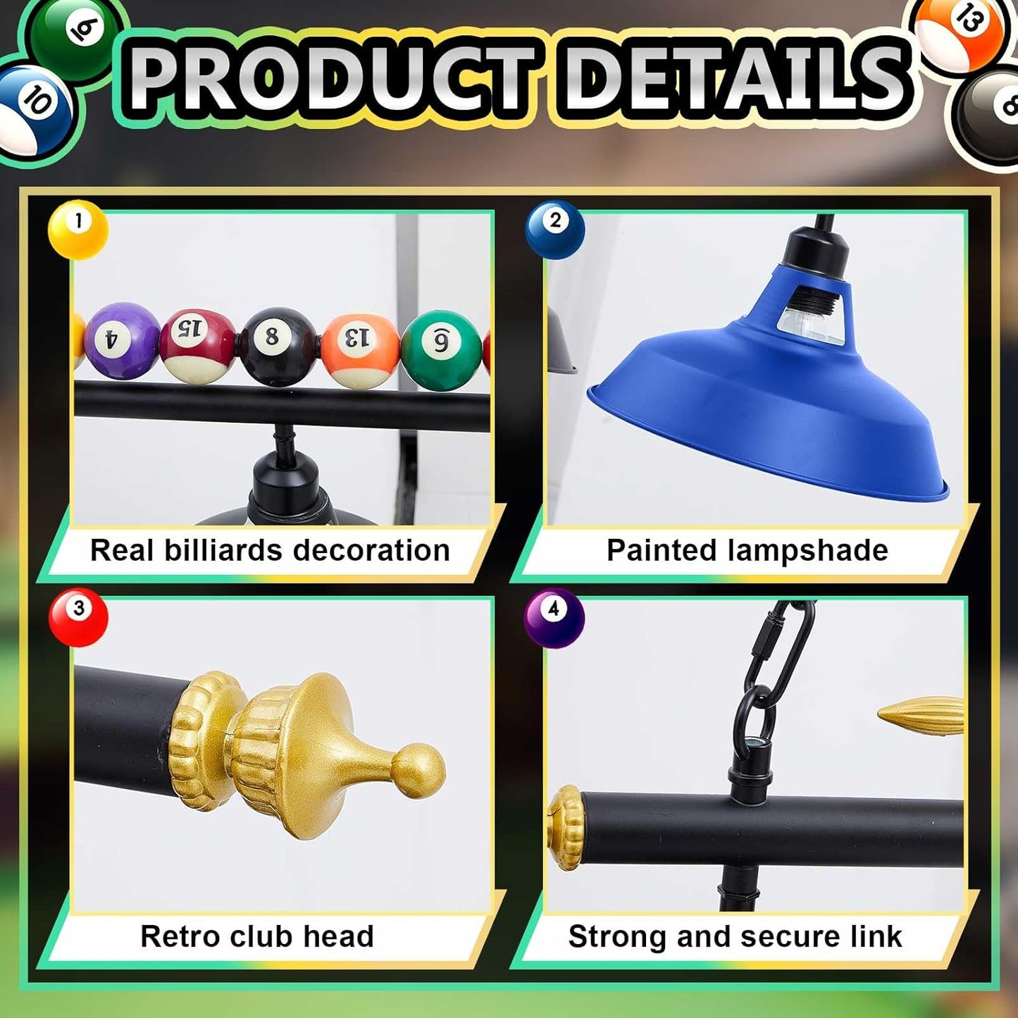 Adjustable 4 Light Pool Table Lights for 7'-8' Billiard Light Hanging Pool Table Fixture Lighting Pendant Lamp with Metal Shades for Game Rooms (Bulb Not Included)(Blue)