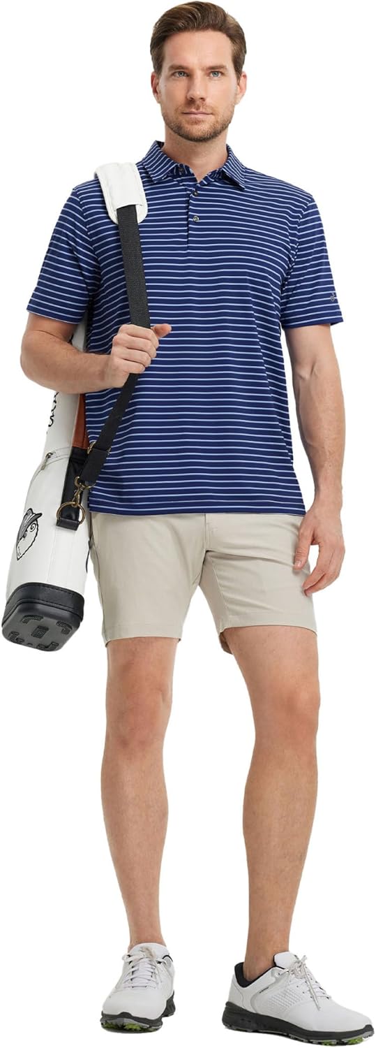 Rouen Mens Polo Shirts Short Sleeve Dry Fit Performance Moisture Wicking Causal Striped Polo Collared Golf Shirts for Men