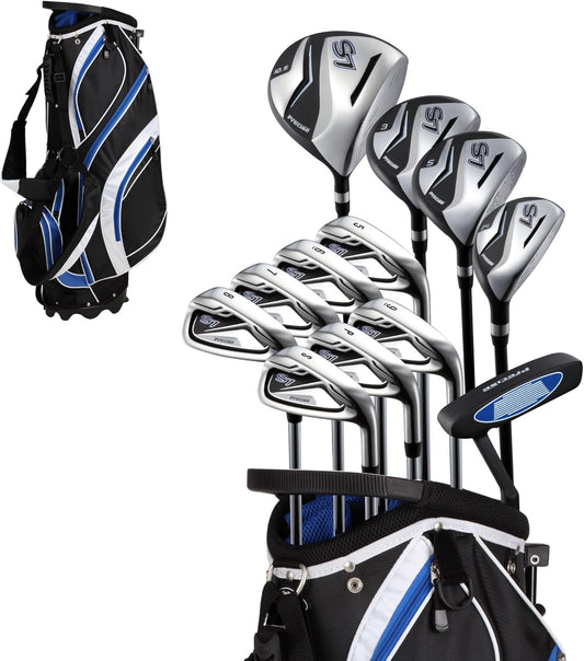 18 Piece Complete Men’s Golf Club Set with Titanium Driver, #3 & #5 Fairway Woods, #4 Hybrid, 5-SW Irons, Putter, Stand Bag, 4 H/C's, Men’s Golf Clubs Full Set Right Handed