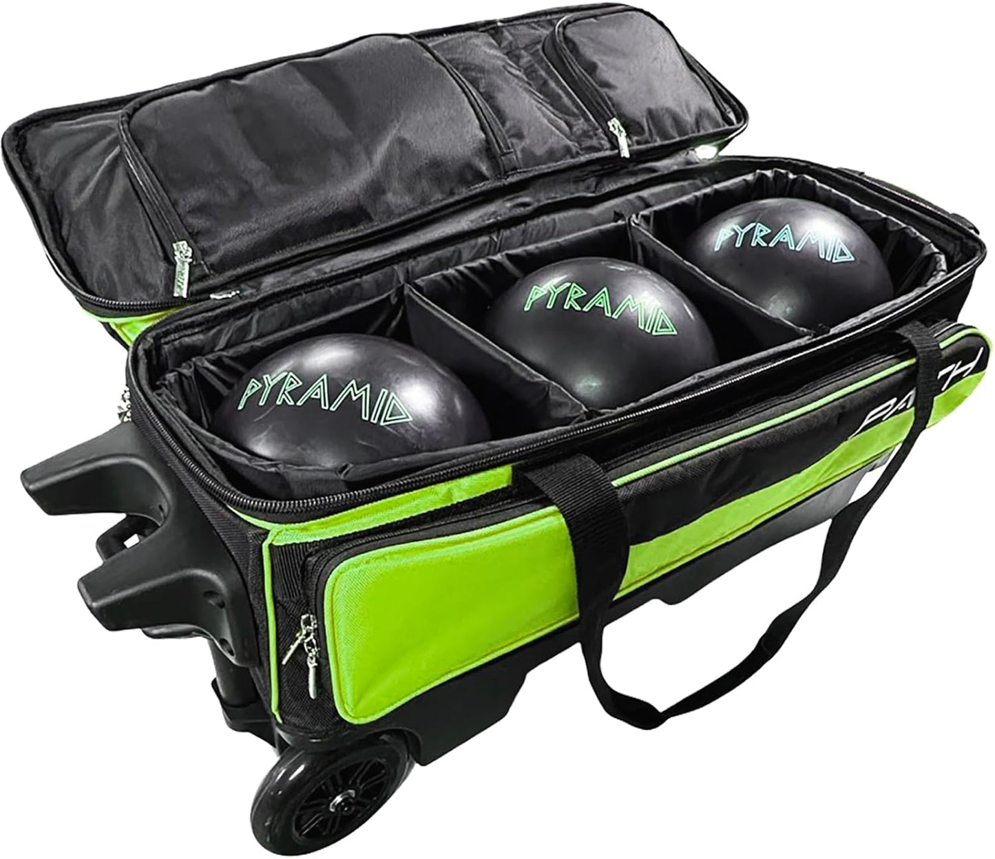 Pyramid Path Triple Premium Deluxe Roller Bowling Bag With Extra Large Separate Shoe Compartment (Up To US Mens Size 16) and 5 Accessory Pockets, 5" Wheels, Retractable Locking Handle - Extends to 42"