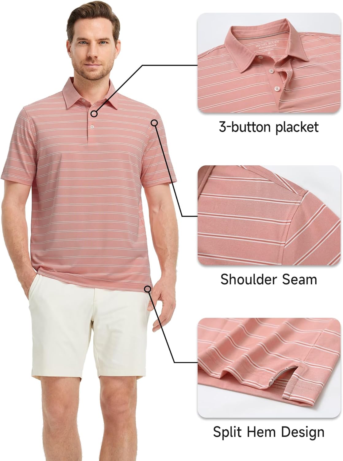 Rouen Polo Shirts for Men Dry Fit Performance Heather Stripe Golf Polo Moisture Wicking Lightweight Breathable Golf Shirts