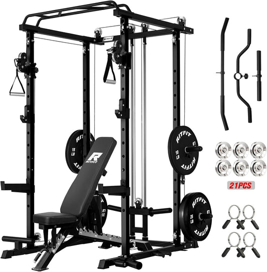 RitFit Power Cage with Optional LAT PullDown/Cable Crossover, 1000LB Squat Rack for Home & Garage Gym, with Weight Storage Rack and More Training Attachments, ASTM-Certified