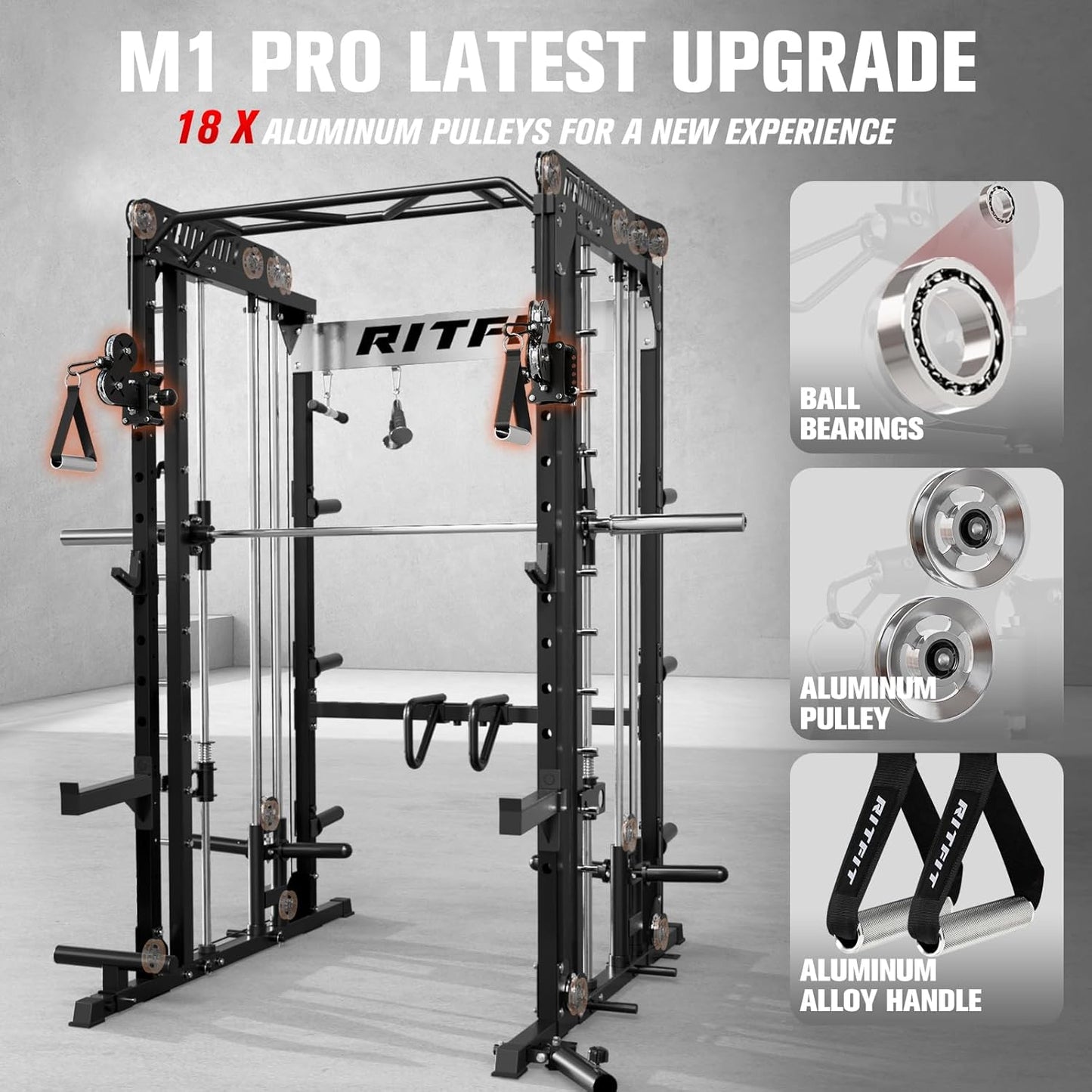 RitFit M1 & M1 Pro Smith Machine with Cable Crossover System, Multi-Function Squat Rack Power Cage for Home Gym, Power Rack and Packages