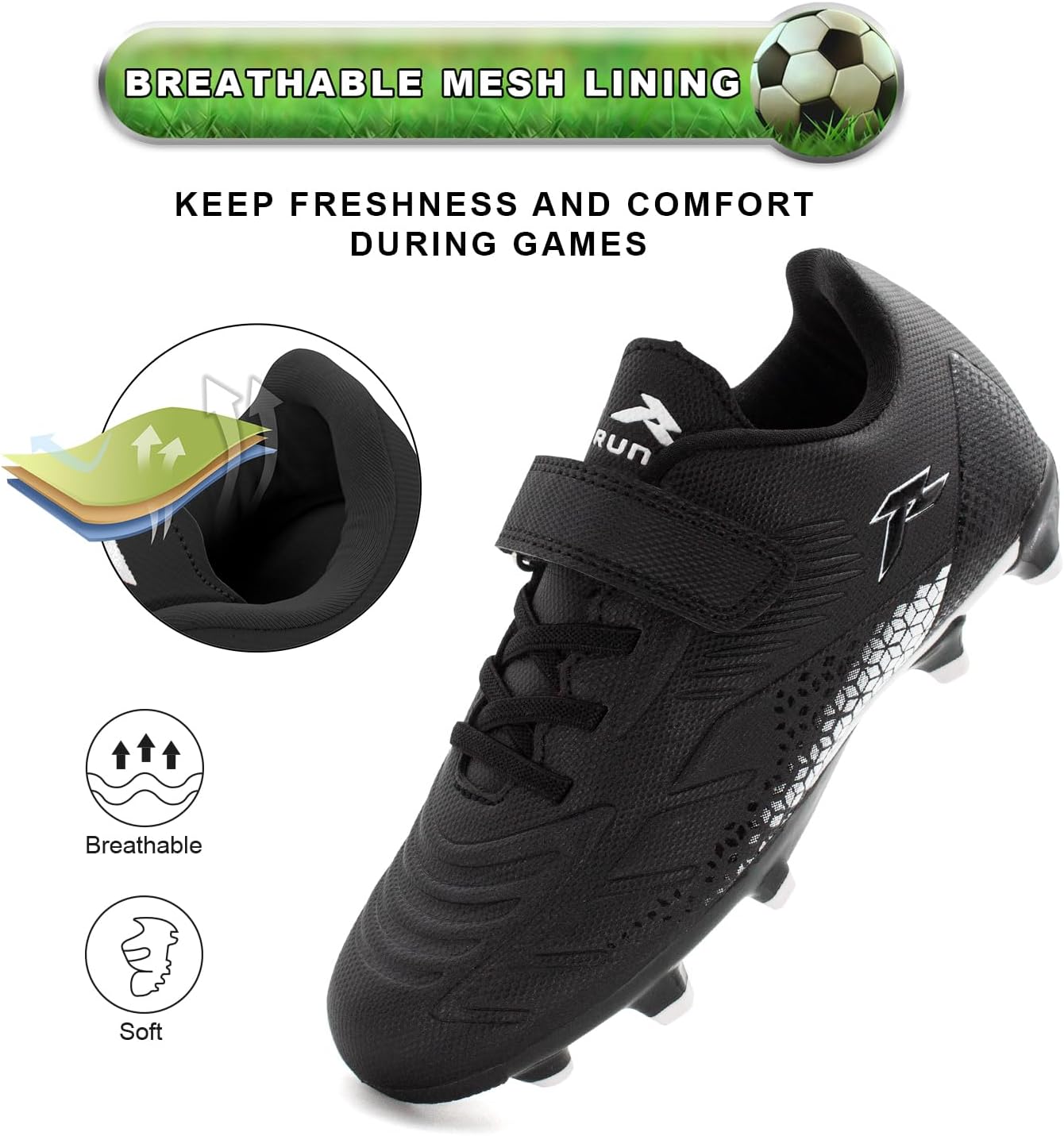 RUNIC Kids Soccer Cleats for Boys and Girls - Small and Big Kid Athletic Outdoor Football Shoes - Firm Ground - Hook and Loop Closure - Black/Gold