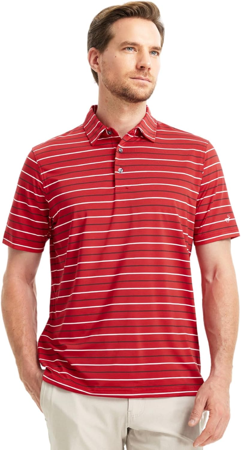 Rouen Mens Golf Shirt Moisture Wicking Dry Fit Performance Stripe Casual Collared Short Sleeve Golf Polo Shirts for Men