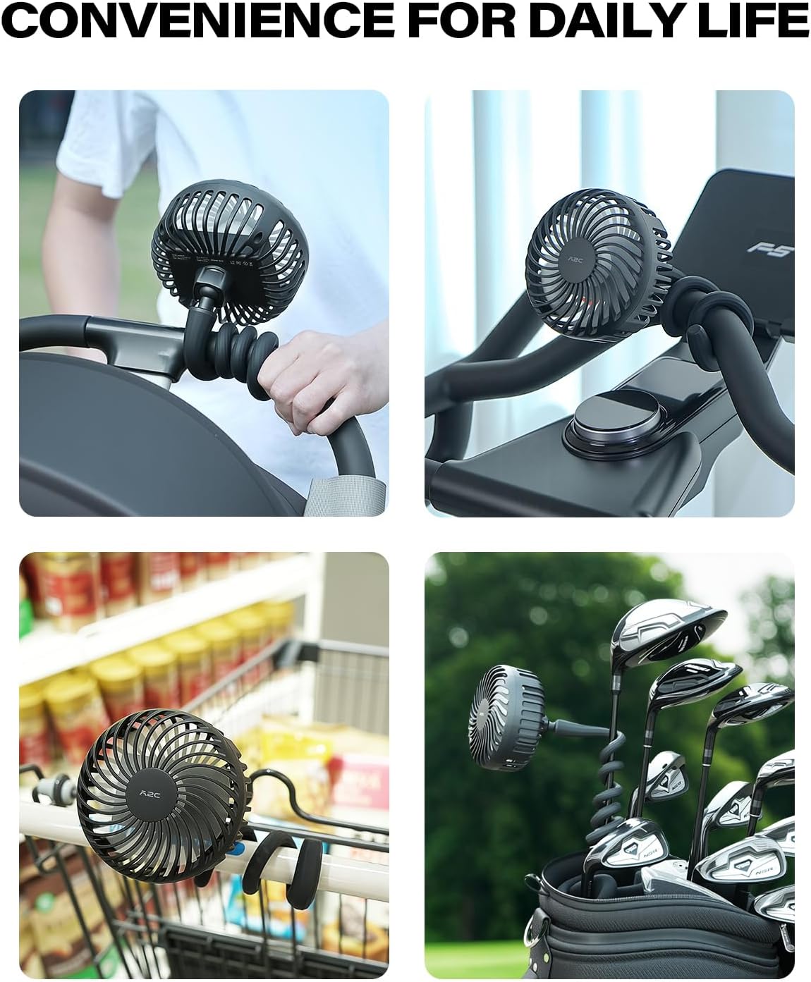 A2C Golf Cart Fan Rechargeable – 3-Speed, 360° Adjustable Gooseneck | 4000mAh Battery | Compatible with Golf Carts & Push/Pull Carts