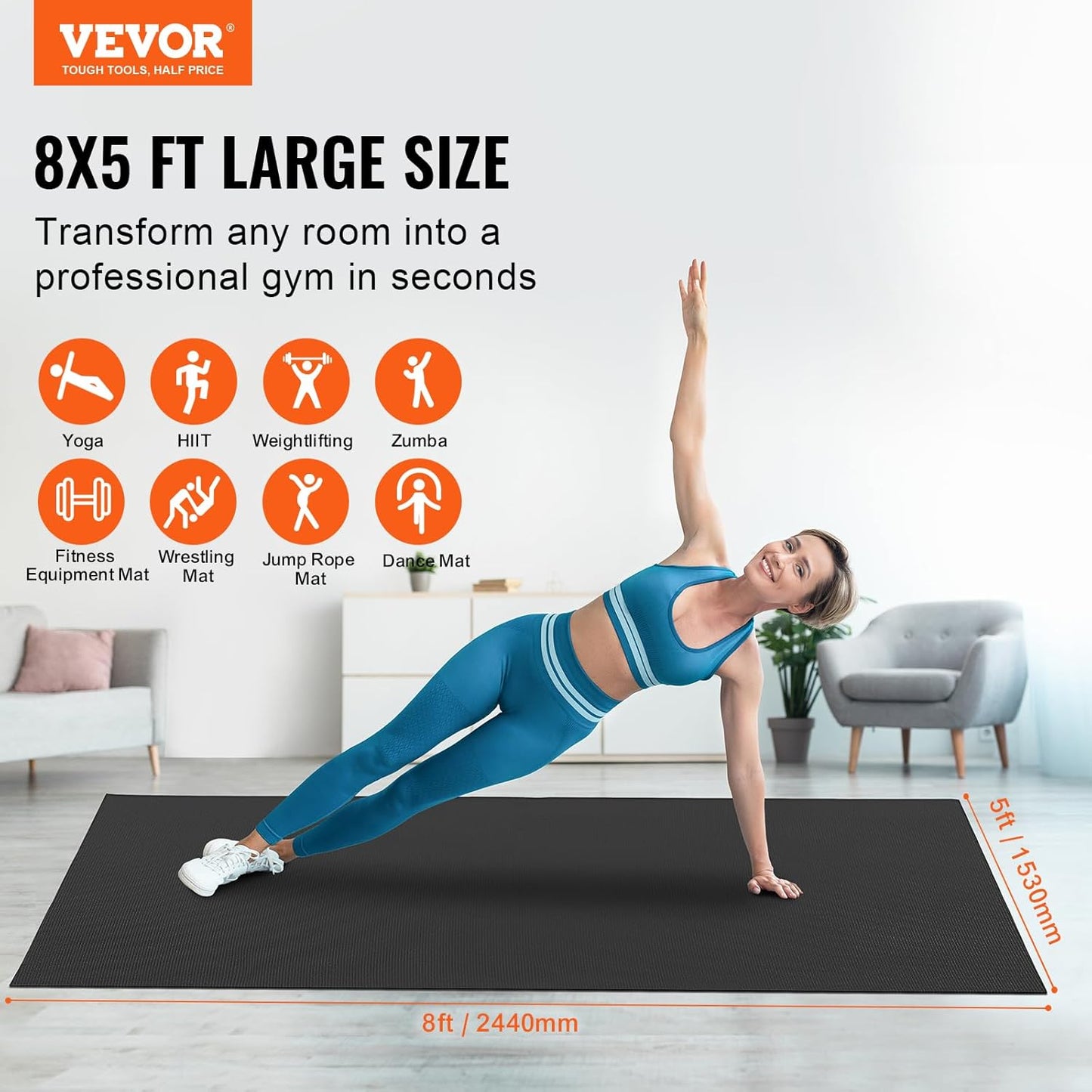 VEVOR Large Exercise Mat, Non Slip High Density Premium Yoga Mat, Exercise Yoga Mat for Men Women, Fitness & Exercise Mat with Bag & Carry Strap, for All Types of Home Yoga, Pilate & Floor Workout