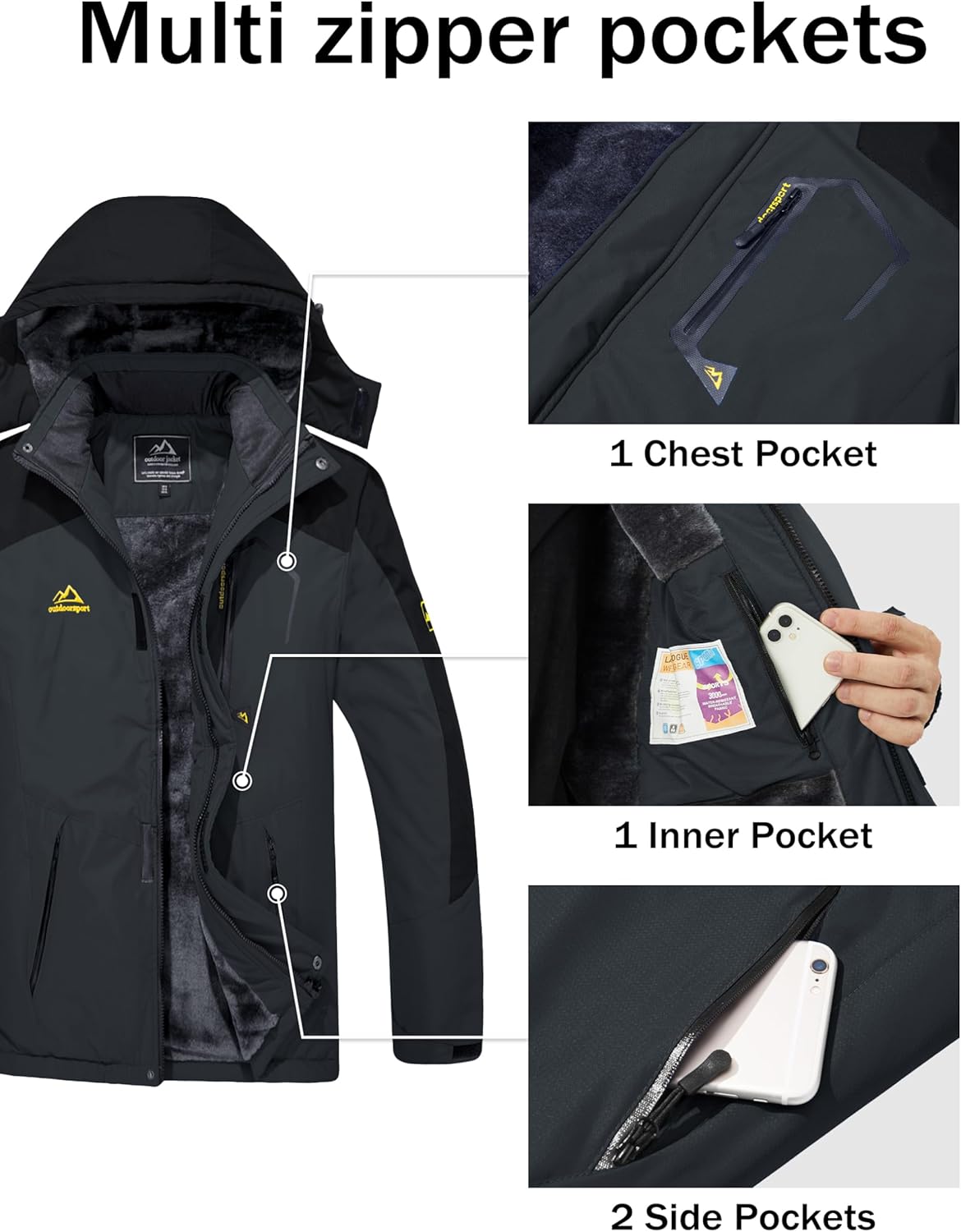 MAGCOMSEN Men's Winter Coats Water Resistant Ski Snow Jacket Warm Fleece Jacket Parka Raincoats With Multi-Pockets