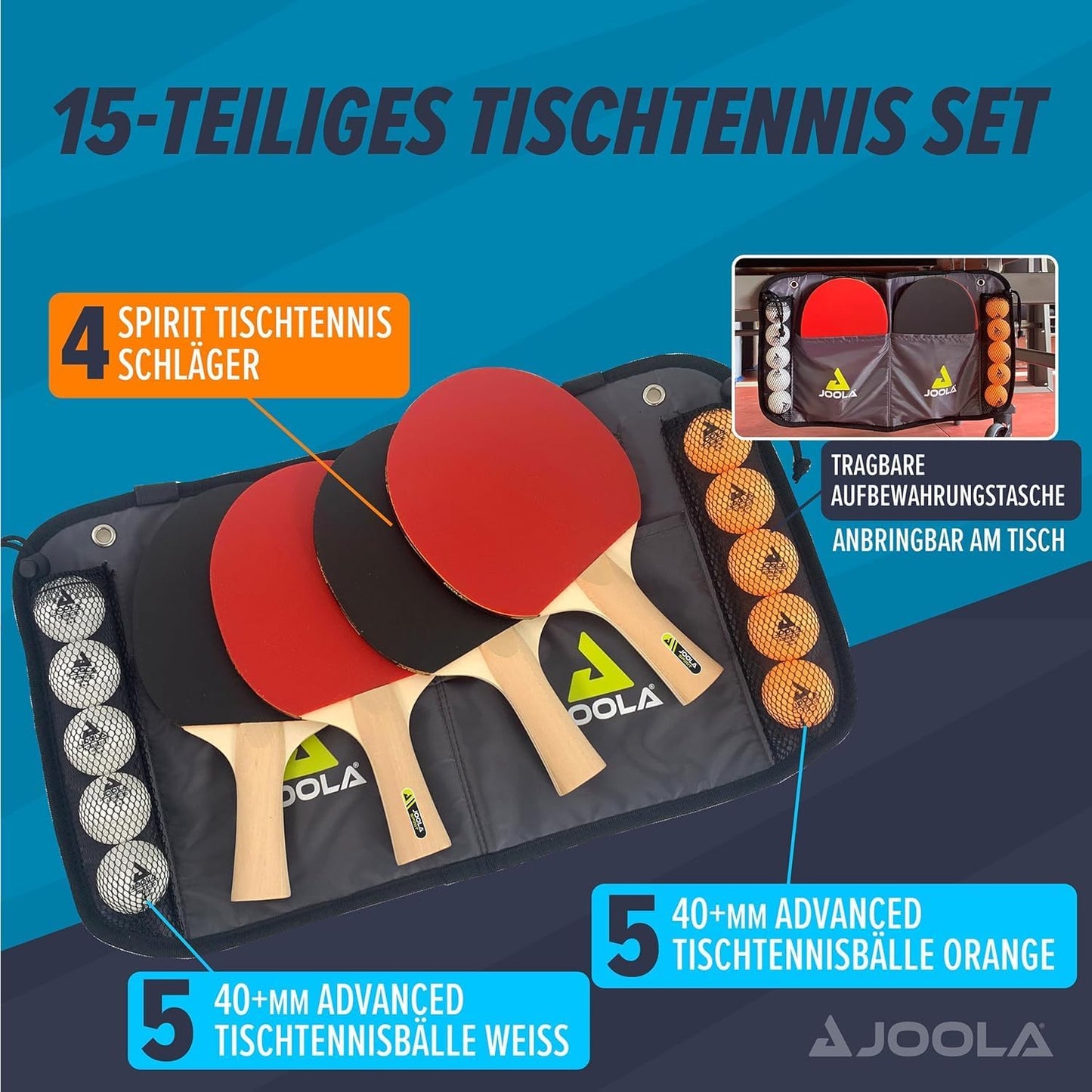 JOOLA Family Premium Ping Pong Paddles Set of 4 - Advanced Table Tennis Rackets, 10 Training 3 Star Ping Pong Balls, and Storage Case - Competitive or Recreational Play - Indoor and Outdoor Compatible