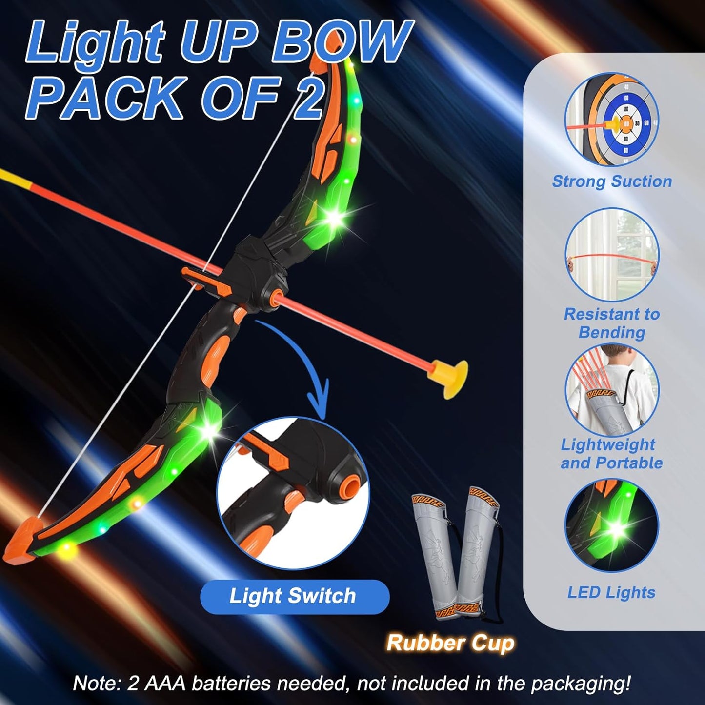 2 Pack Bow and Arrow Toy for Kids 3-8-12, LED Light Up Archery Set with Shooting Game Toy & Standing Target for Boys and Girls Age 5 6 7 8 9 10 11+, Indoor Outdoor Activity Toys for Birthday