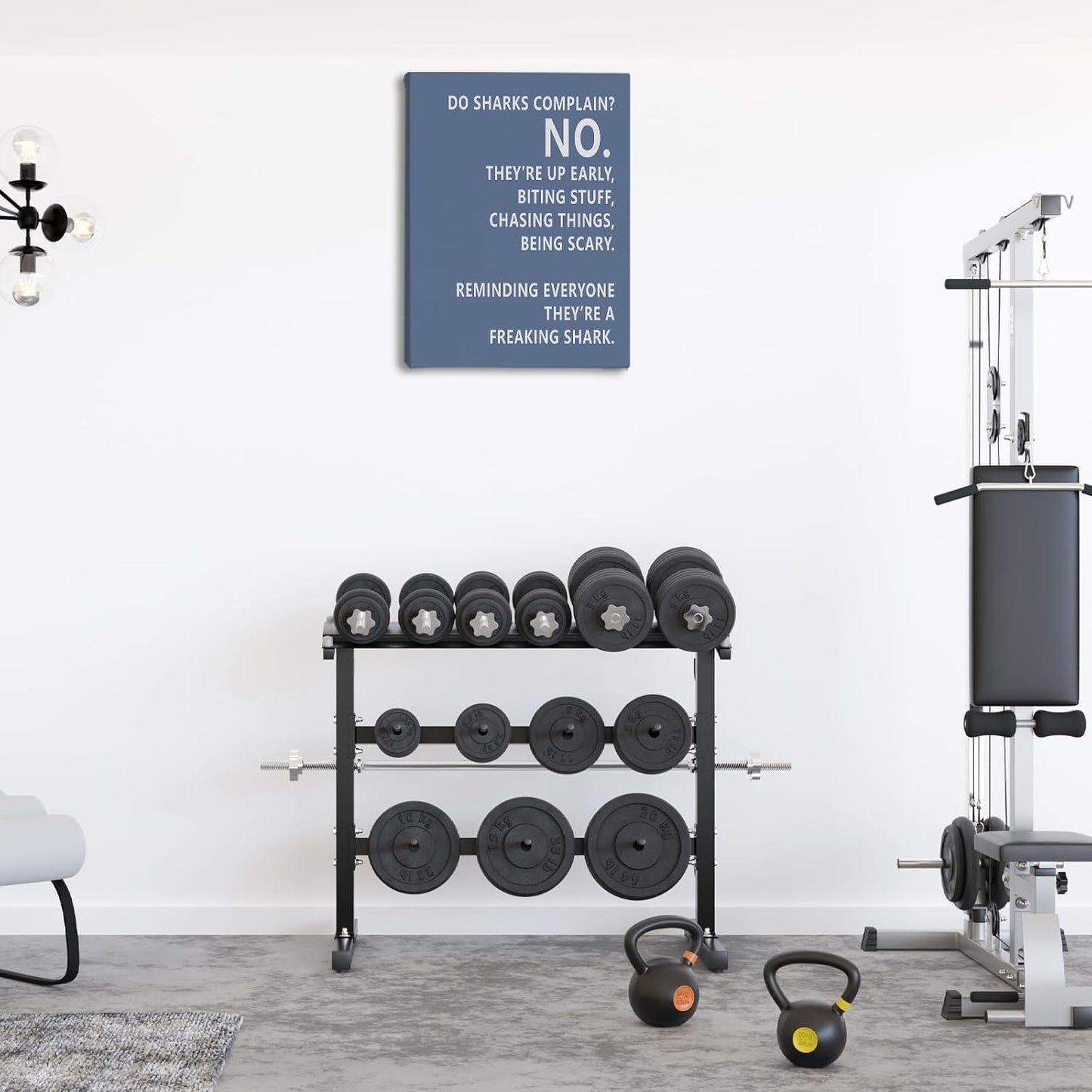 Rusenbao Gym Motivational Workout Wall Art, Home Gym Decor, Inspirational Workout Room Decor, Do Sharks Complain About Monday, Canvas Wall Art for Exercise Fitness Room Office, 11x14 inch(Blue)