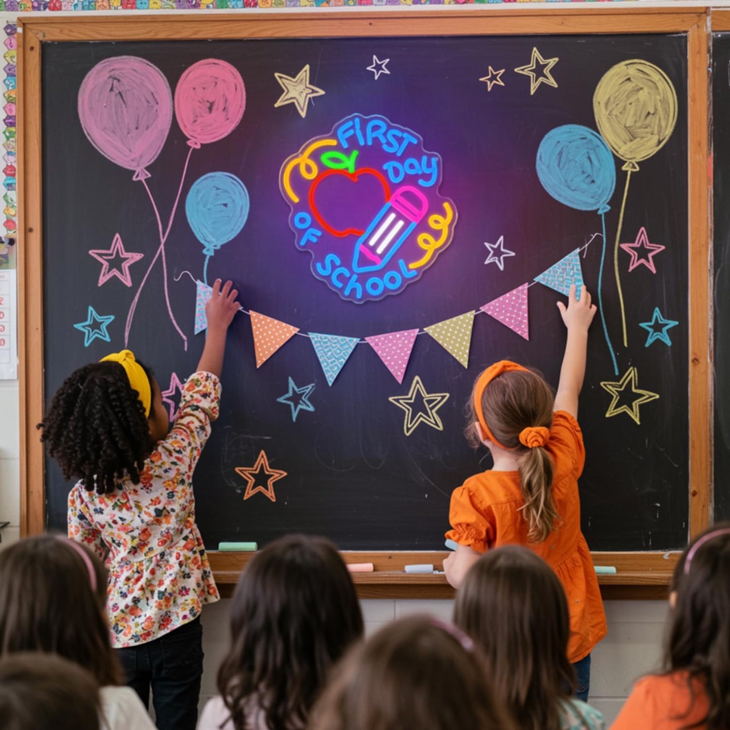 First Day of School Neon Sign for Classroom,Classroom Neon Sign,Colorful LED Back to School Wall Decor,Apple and Pencil Neon Light Sign for Classroom,Preschool,Photo Backdrop,Kids Room