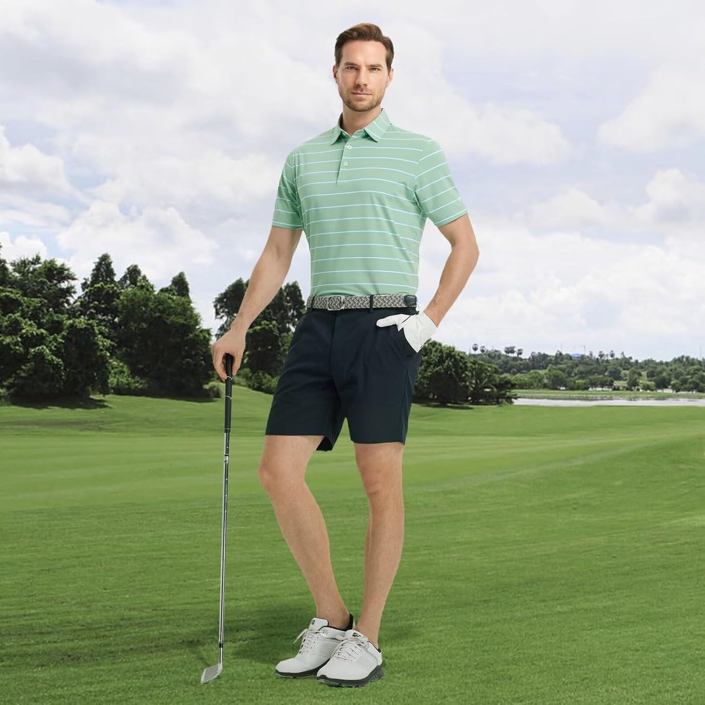 Rouen Mens Golf Shirt Moisture Wicking Dry Fit Performance Stripe Casual Collared Short Sleeve Golf Polo Shirts for Men