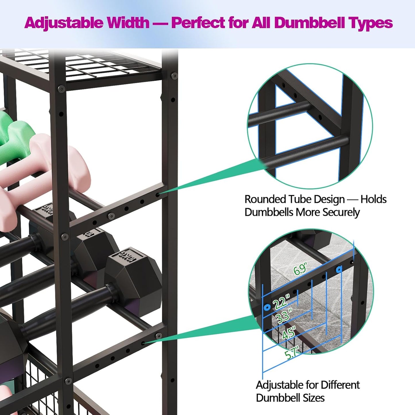 Dumbbell Rack – Adjustable Weight Storage Stand with Hooks for Home Gym, Kettlebells, Yoga Mat and Workout Equipment Heavy Duty Weight Rack with Wheels