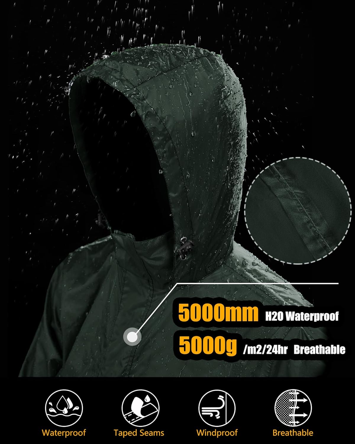 33,000ft Men's Pullover Rain Jacket Waterproof with Hood Lightweight Packable Raincoat Windbreaker for Golf Travel