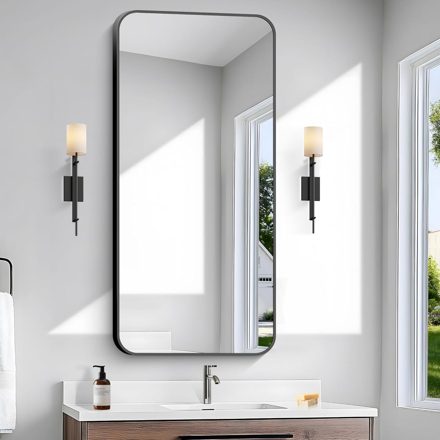24x48 inch Bathroom Mirror,Black Rectangle Mirror,Wall Mounted Bathroom Frame Vanity Mirror with Round Corner for Bedroom Living Room, Entryway Hangs Horizontal or Vertical
