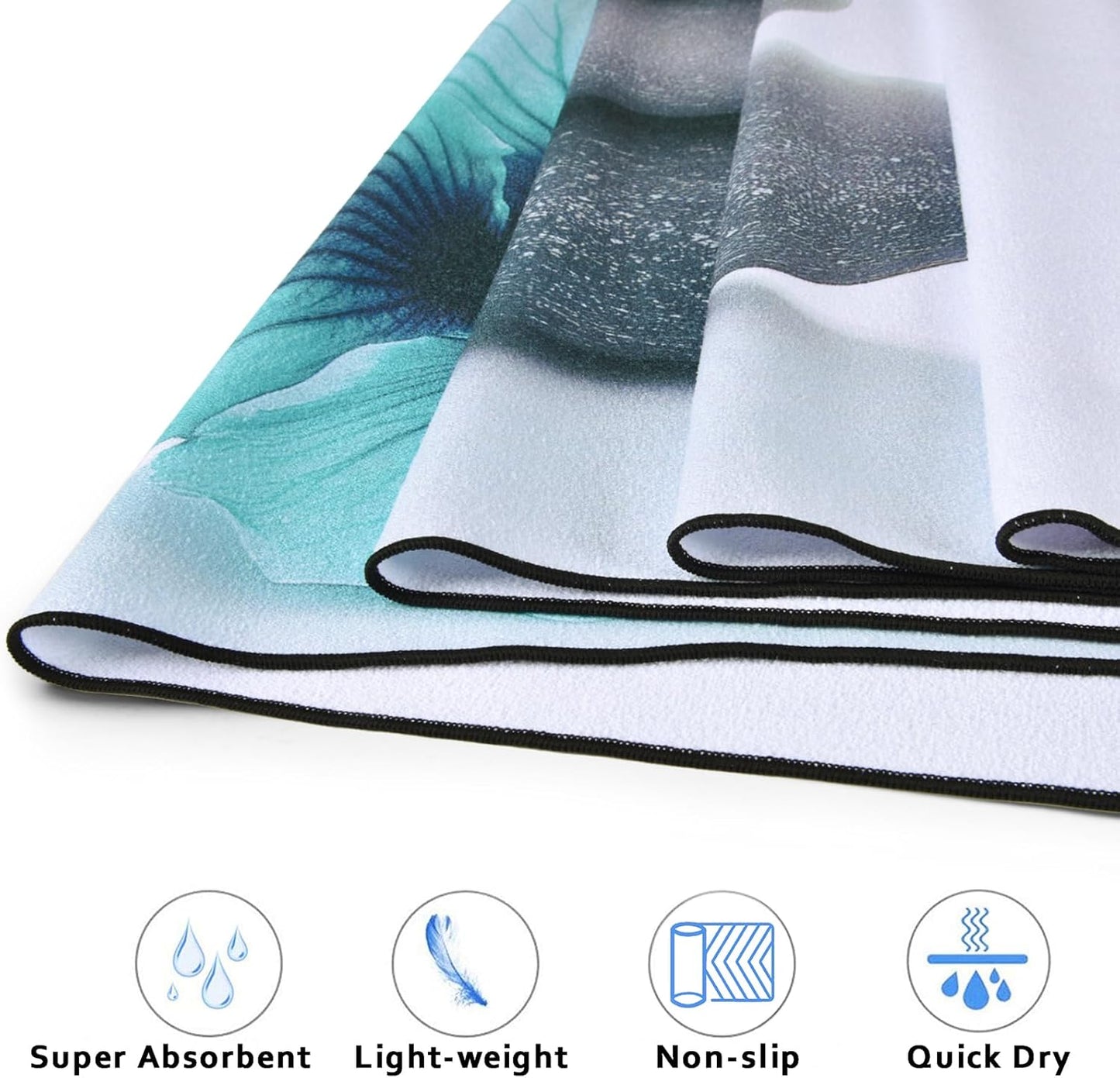 QiyI Large Yoga Mat Towel with Corner Pockets, Non Slip Sweat Absorbent Hot Yoga Towels, Soft Yoga Blankets Skidless Mat Cover for Workout, Gym, Fitness - 74"x26", Pebbles & Blue White Flowers