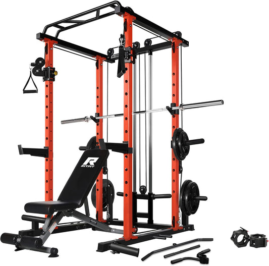 RitFit Multi-Function Squat Rack Power Cage PPC03 with Cable Crossover System, 1000LBS Capacity Power Rack and Packages with Optional Weight Bench, Barbell Weight Set, for Garage Workout & Home Gym