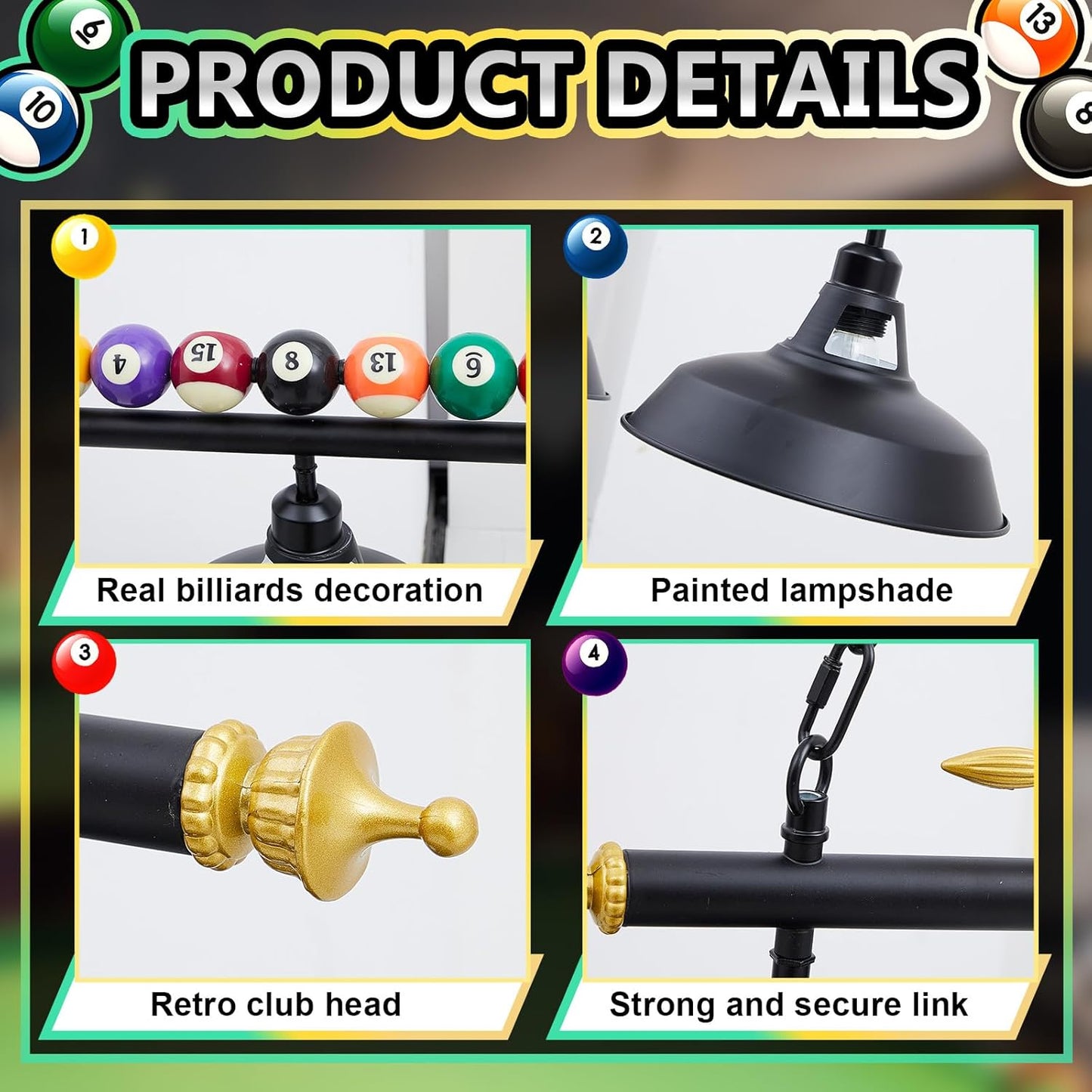 Adjustable Pool Table Lights for 7'-8' Billiard Light Hanging Pool Table Light Fixture Lighting Pendant Lamp with Metal Shades for Game Rooms (Bulb Not Included)(4 Lights)