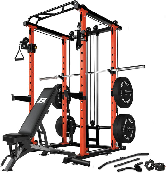 RitFit Multi-Function Squat Rack Power Cage PPC03 with Cable Crossover System, 1000LBS Capacity Power Rack and Packages with Optional Weight Bench, Barbell Weight Set, for Garage Workout & Home Gym