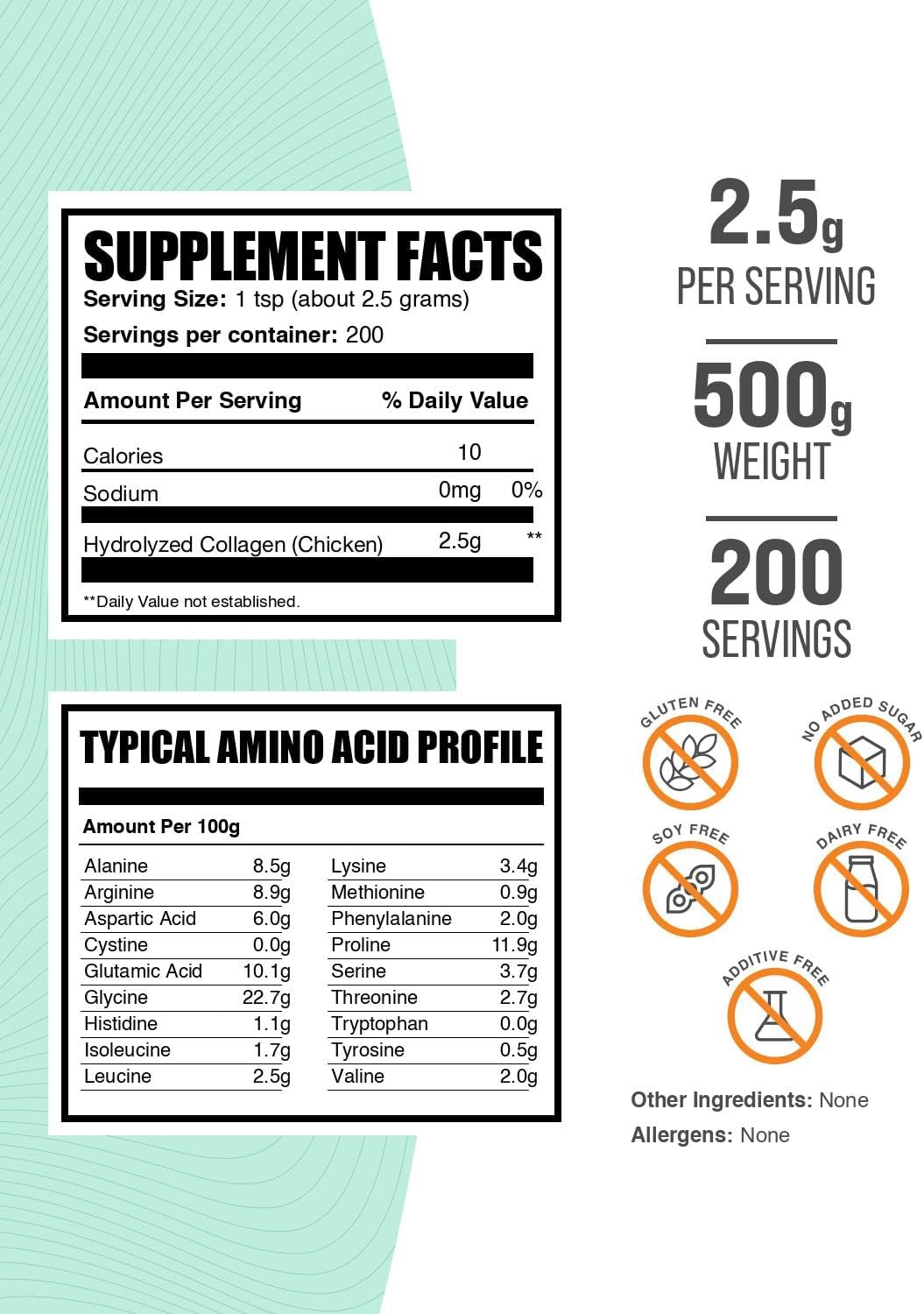 BulkSupplements.com Chicken Collagen Powder - Hydrolyzed Collagen Supplement, for Hair, Skin, & Nails - Unflavored & Gluten Free, 2.5g per Serving, 500g (1.1 lbs) (Pack of 1)